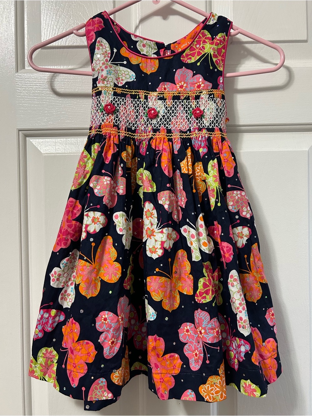 Girls Navy Butterfly Smocked Dress - Floral Print